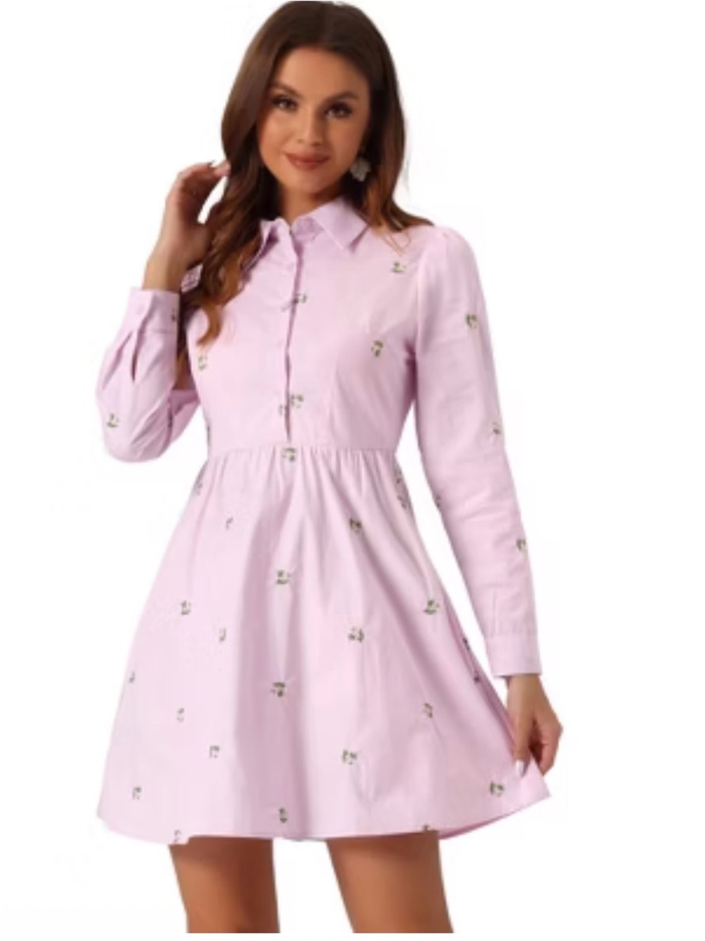 Allegra K Light Pink Embroidered Long Sleeve Shirt Dress